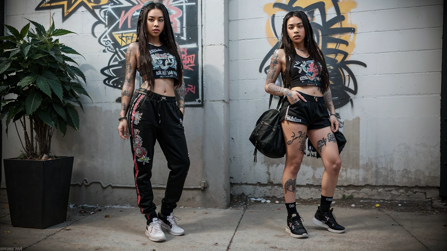 full body shot. stylized artwork of soft filter. grunge filter. photorealistic. 8k. cinematic, very high resolution. maximum resolution. ultra realistic. unique beautiful face, realistic face, retro grunge photo ascetic. grunge graffiti wall, sexy tattooed black-dreadlocks cute sexy asian goth girl, in marijuana plants buds crop, red gym outfit