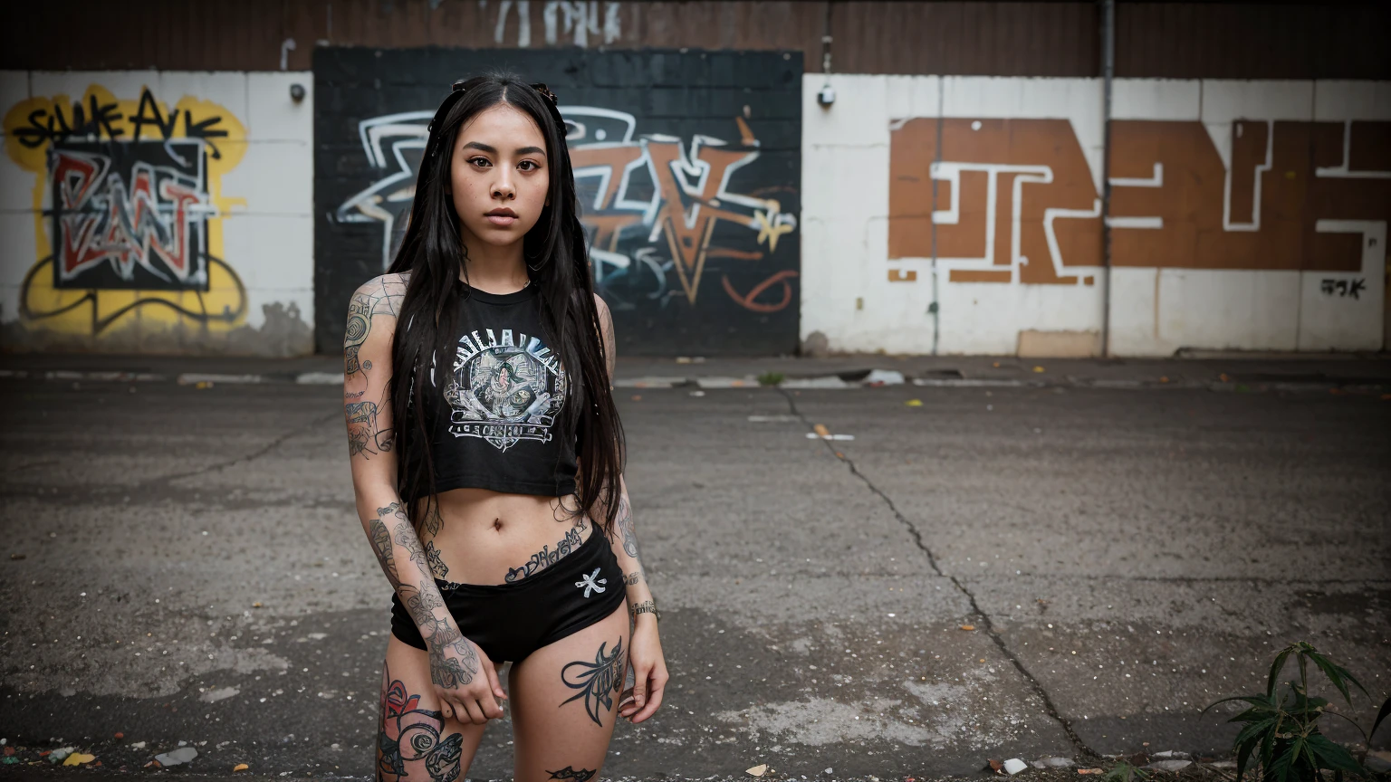 full body shot. stylized artwork of soft filter. grunge filter. photorealistic. 8k. cinematic, very high resolution. maximum resolution. ultra realistic. unique beautiful face, realistic face, retro grunge photo ascetic. grunge graffiti wall, y tattooed black-dreadlocks teete sexy as goth girl, in marijuana ds crop, red gym outfit