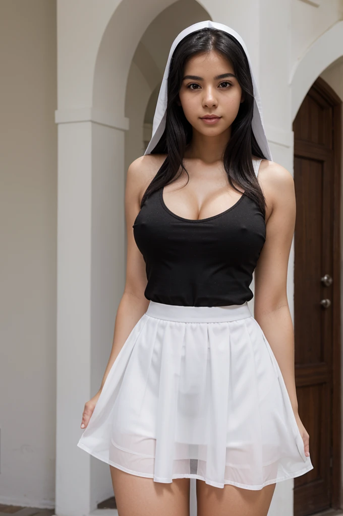 a thin latina 20 year old nun (White skin) (black hair), waist measures 24 inches, and my... bust is 38 inches." "And my hips are 40 inches..." beautiful face, (perfect skin) angelic face, wearing transparent black skirt