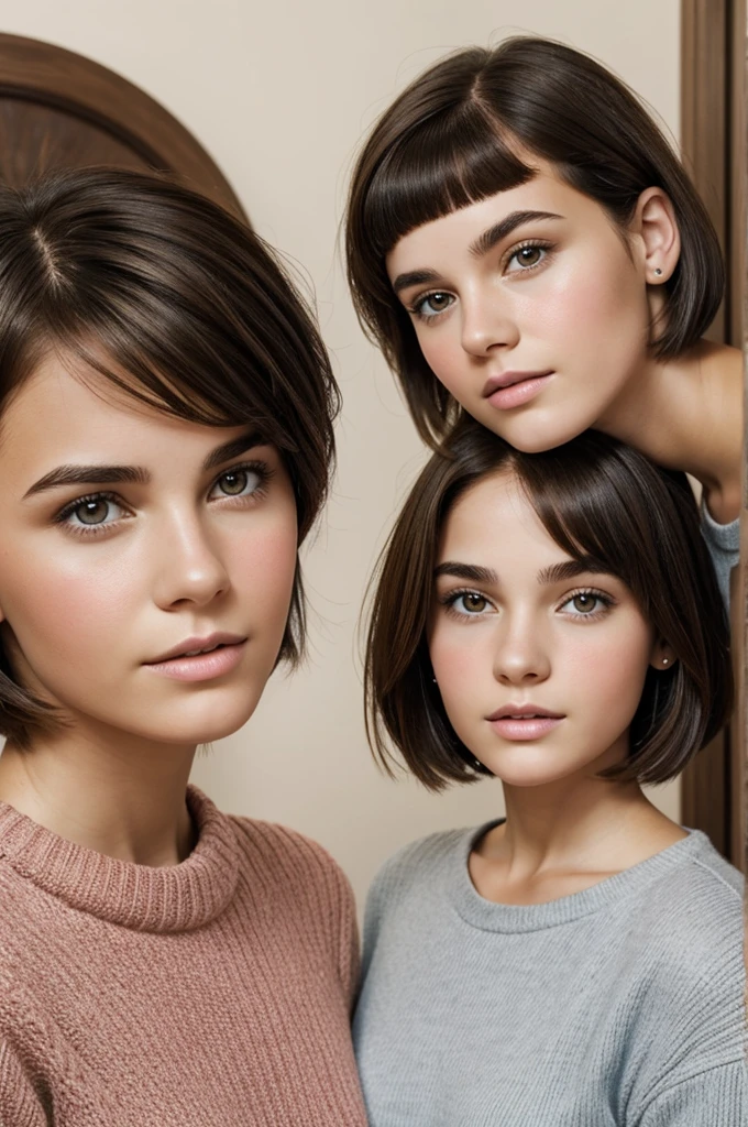 Realistic portrait of brunette girl with short haircut and identical face and Cailee Spaney