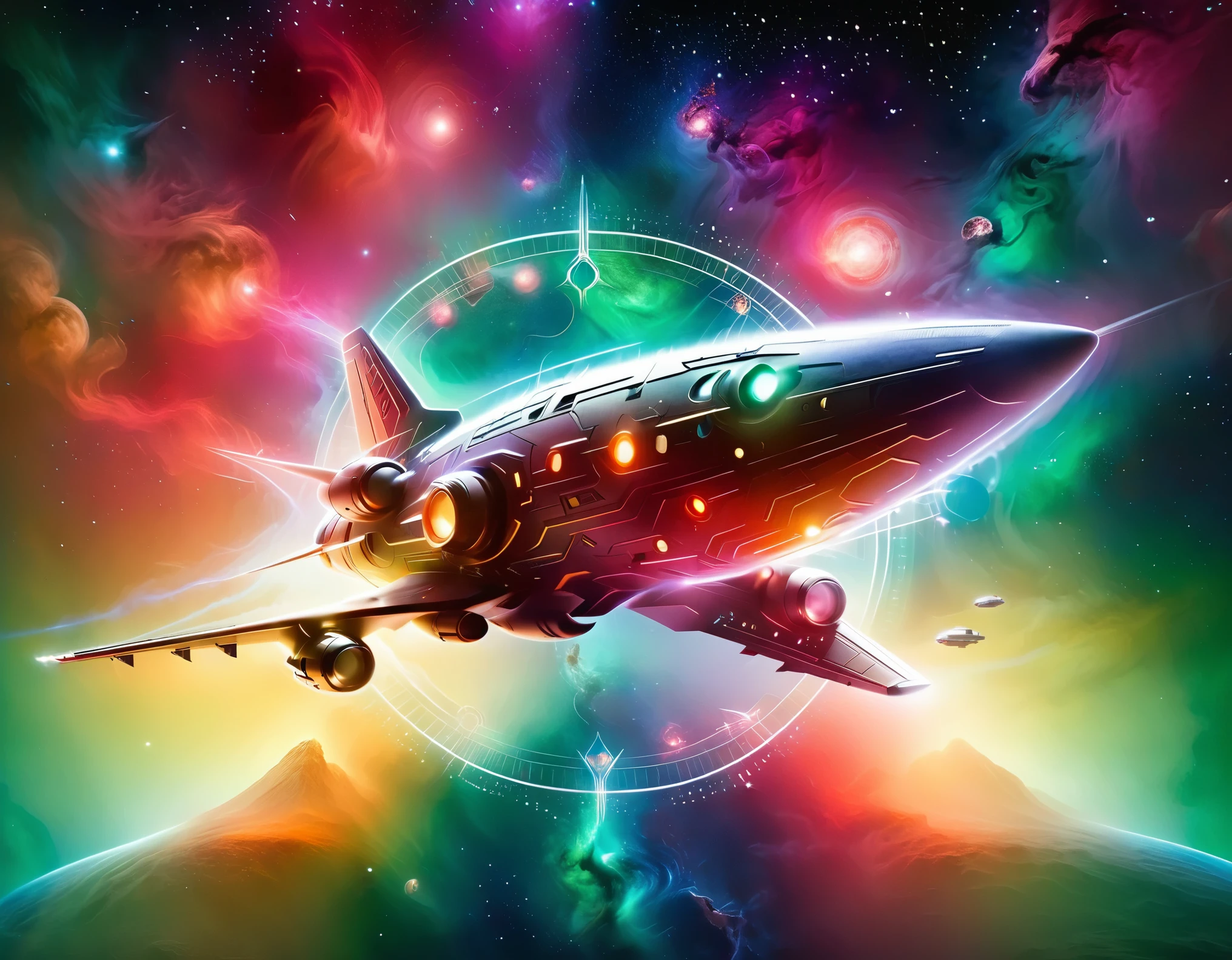 "A high-tech starship navigating through a colorful cosmic expanse, featuring a gradient backdrop from green to red with scattered stars. The ship’s design includes a large circular front section, an extended body, and external nacelles, all highlighted by metallic textures and intricate details."
