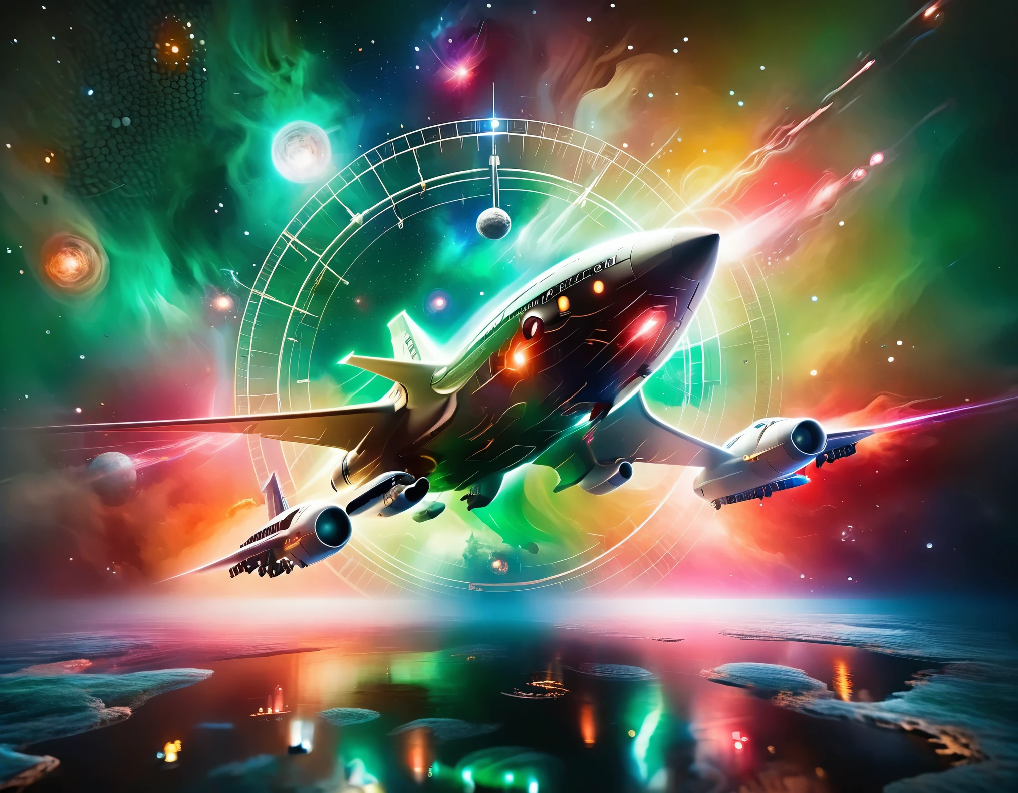 "A high-tech starship navigating through a colorful cosmic expanse, featuring a gradient backdrop from green to red with scattered stars. The ship’s design includes a large circular front section, an extended body, and external nacelles, all highlighted by metallic textures and intricate details."
