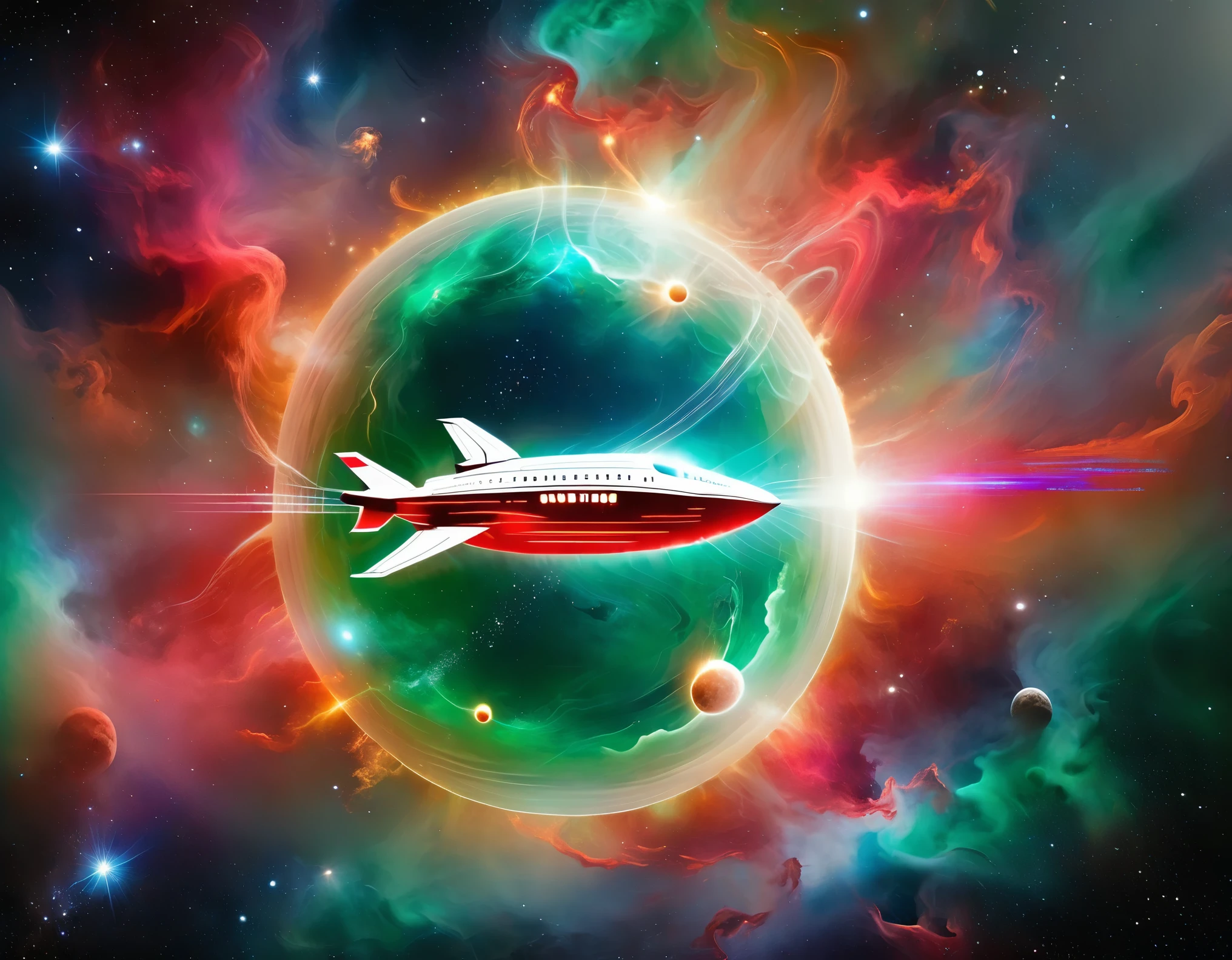 "A high-tech starship navigating through a colorful cosmic expanse, featuring a gradient backdrop from green to red with scattered stars. The ship’s design includes a large circular front section, an extended body, and external nacelles, all highlighted by metallic textures and intricate details."