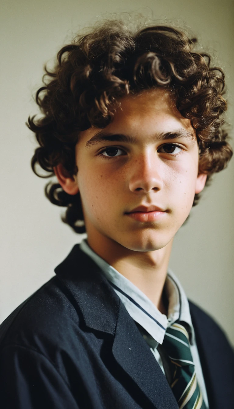 analog film photo, modern day photo of a young student, -old, malbrown-black hair, long curly hair, brown eyes, caucasian, round face, oval-shaped jawline, bulbous nose, full lips, thick eyebrows, soft features, stocky broad frame, chubby, resembles Gaten Matarazzo, (relaxed school uniform:1.1), silhouette, backlit, split lighting, half face in shadow, RAW Photograph, dslr, hard lighting, hard shadows, high quality, film grain, Fujifilm XT3, detailed skin with visible pores, insane details, masterpiece, 8k, 35mm photograph, dslr, kodachrome, faded film, desaturated, 35mm photo, grainy, vintage, Kodachrome, Lomography, stained, highly detailed, found footage, yearbook portrait, contemporary, 2024