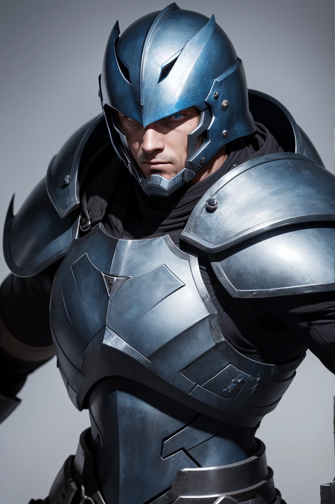 muscular, blue eyes, iron helmet that covers your entire head except his eyes and wears a gray metal shirt and iron chest armor, his hands are dark balls with spikes