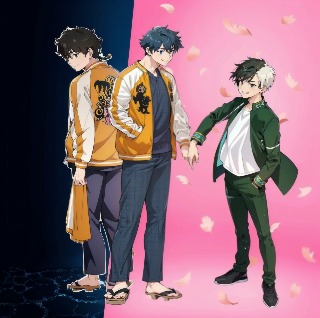 anime characters standing next to each other holding hands on a pink background, smiling, official art, anime key visual", bishounen, official anime still, official fanart, inspired by Okumura Masanobu, anime key visual concept, koyoharu gotouge, official anime art, official studio anime still, official modern anime, anime key visuals, cel shaded anime, Sakura tree petals flying