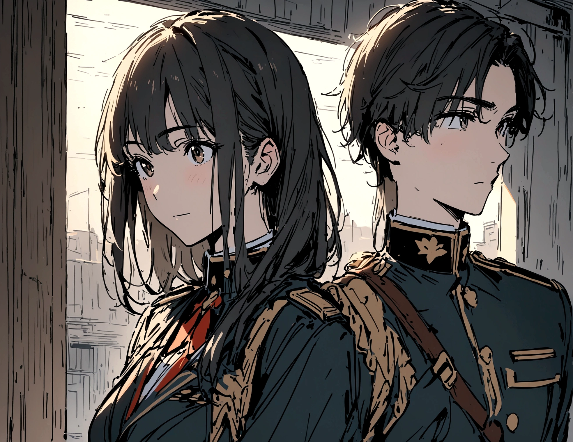 masterpiece,最high quality,Super detailed,High resolution backgrounds,8K,High Resolution,high quality,break,uniform,men and women,Couple, Japanese manga style, sketch, Colored pencil.