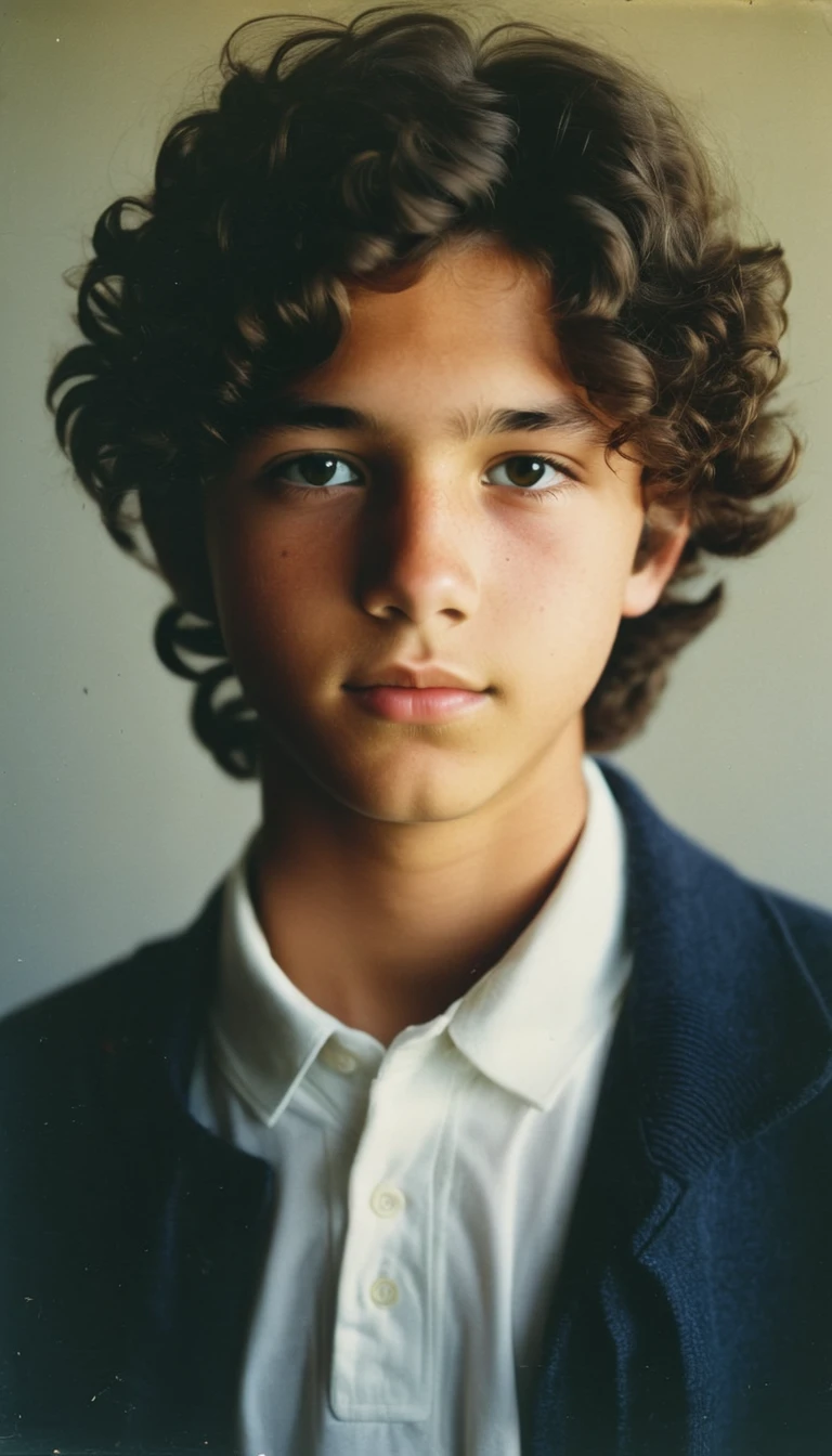 analog film photo, modern day photo of a young student, 14 years-old, male, brown-black hair, long curly hair, brown eyes, caucasian, round face, oval-shaped jawline, bulbous nose, full lips, thick eyebrows, soft features, stocky broad frame, chubby, resembles Gaten Matarazzo, (relaxed school uniform:1.1), silhouette, backlit, split lighting, half face in shadow, RAW Photograph, dslr, hard lighting, hard shadows, high quality, film grain, Fujifilm XT3, detailed skin with visible pores, insane details, masterpiece, 8k, 35mm photograph, dslr, kodachrome, faded film, desaturated, 35mm photo, grainy, vintage, Kodachrome, Lomography, stained, highly detailed, found footage, yearbook portrait, contemporary, 2024