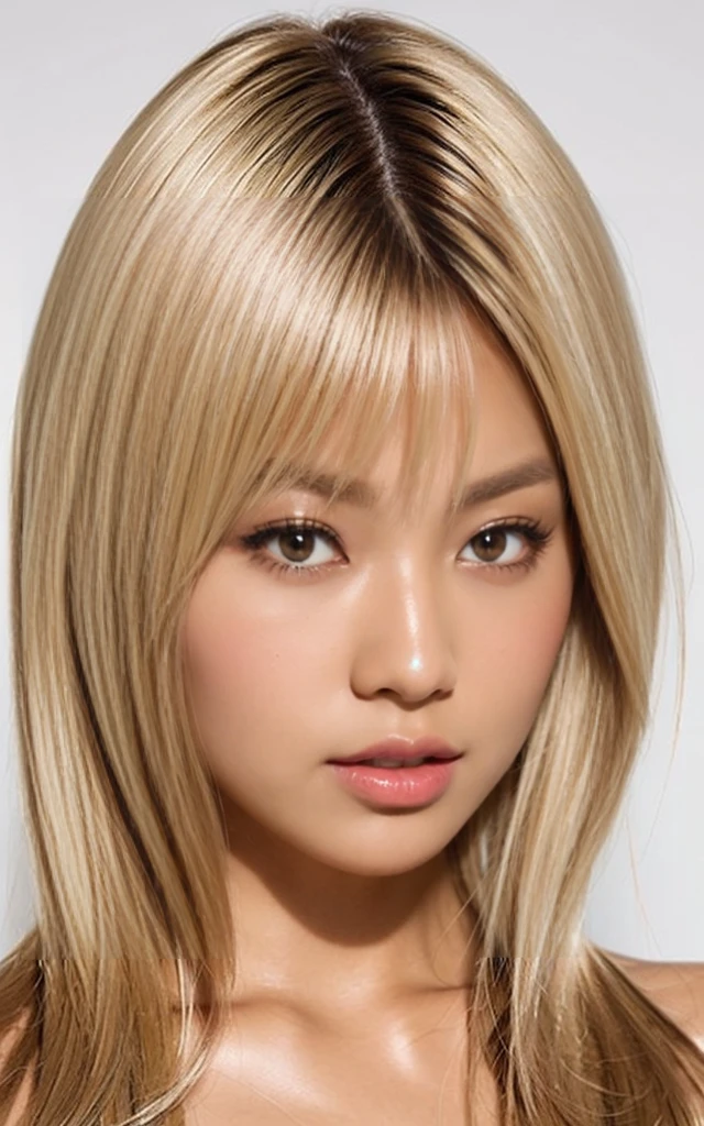 gyaru, dark-skinned, shiny oiled skin, blond hair, long hair, face close up, simple gradient background
