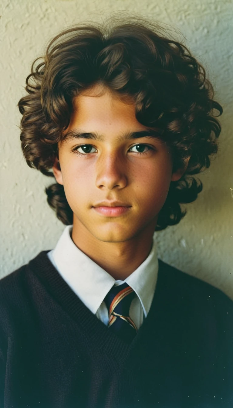 analog film photo, modern day photo of a young student, 14 years-old, male, brown-black hair, long curly hair, brown eyes, caucasian, round face, oval-shaped jawline, bulbous nose, full lips, thick eyebrows, soft features, stocky broad frame, chubby, resembles Gaten Matarazzo, (relaxed school uniform:1.1), silhouette, backlit, split lighting, half face in shadow, RAW Photograph, dslr, hard lighting, hard shadows, high quality, film grain, Fujifilm XT3, detailed skin with visible pores, insane details, masterpiece, 8k, 35mm photograph, dslr, kodachrome, faded film, desaturated, 35mm photo, grainy, vintage, Kodachrome, Lomography, stained, highly detailed, found footage, yearbook portrait, contemporary, 2024