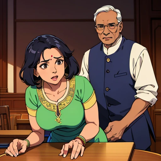 Indian hot mom in salwar suit is leaning forward holding the table and an 60 year old man is holding the girl from behind fucking position 