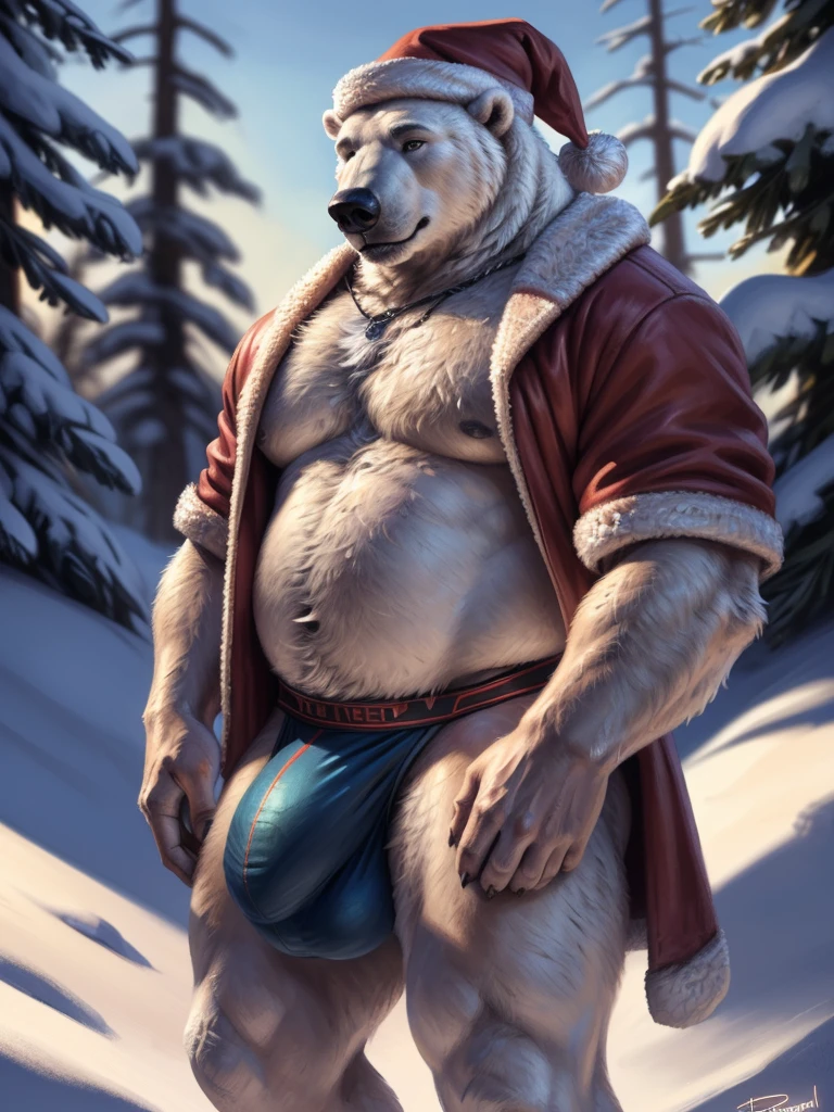 by personalami, by meesh, by kenket, by taran fiddler, photorealistic, hyperrealistic, ultradetailed, ((Polar bear)), anthro, Dilf, Daddy, father figure, mature male, hunk, burly, chubby, solo, very detailed, ((very detailed fur texture)), ((very detailed lighting)), ((very well drawn legs)), ((very well drawn arms)), ((very detailed legs)), ((very detailed arms)), ((very detailed paws)), ((very detailed tail)), ((very detailed background, frozen forest)), ((very detailed penis)), ((very detailed balls)), ((large balls)), ((very well drawn body)), ((chest fur tuft)), ((very detailed snout)), ((massive body)), ((body takes up most of the image)), ((very detailed clothing)), ((red long coat)), ((red santa hat)), ((red jockstrap)), ((large bulge)), ((very detailed bulge))