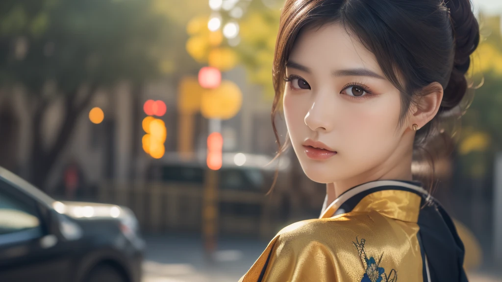 A beautiful Japanese woman, elegant, glowing, cute, reddish, black hair, gold accents, detailed portrait, ultra-detailed face, striking eyes, full lips, long eyelashes, detailed ornate kimono, graceful pose, serene expression, natural lighting, vibrant colors, photorealistic, 8k, (best quality, 4k, 8k, highres, masterpiece:1.2), ultra-detailed, (realistic, photorealistic, photo-realistic:1.37), HDR, UHD, studio lighting, ultra-fine painting, sharp focus, physically-based rendering, extreme detail description, professional, vivid colors, bokeh