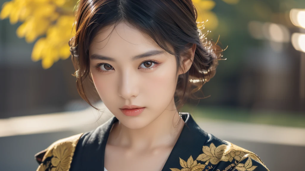 A beautiful Japanese woman, elegant, glowing, cute, reddish, black hair, gold accents, detailed portrait, ultra-detailed face, striking eyes, full lips, long eyelashes, detailed ornate kimono, graceful pose, serene expression, natural lighting, vibrant colors, photorealistic, 8k, (best quality, 4k, 8k, highres, masterpiece:1.2), ultra-detailed, (realistic, photorealistic, photo-realistic:1.37), HDR, UHD, studio lighting, ultra-fine painting, sharp focus, physically-based rendering, extreme detail description, professional, vivid colors, bokeh