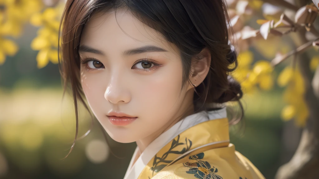 A beautiful Japanese woman, elegant, glowing, cute, reddish, black hair, gold accents, detailed portrait, ultra-detailed face, striking eyes, full lips, long eyelashes, detailed ornate kimono, graceful pose, serene expression, natural lighting, vibrant colors, photorealistic, 8k, (best quality, 4k, 8k, highres, masterpiece:1.2), ultra-detailed, (realistic, photorealistic, photo-realistic:1.37), HDR, UHD, studio lighting, ultra-fine painting, sharp focus, physically-based rendering, extreme detail description, professional, vivid colors, bokeh