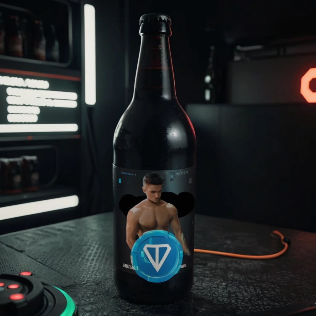 One bottle in the picture.A bottle of cyber beer presented in cyberpunk style, with characteristic elements: smooth, matte coating, decorated with bright neon luminous inserts. Design includes digital pixel patterns and abstract graphic elements, creating the effect of digital disruption and the future of the technological world. The main color of the bottle is deep black. This combination gives the product a unique cyberpunk style and modern look..
Bottle with red holographic labels, depicting robotic fruits reflecting the taste of the future.