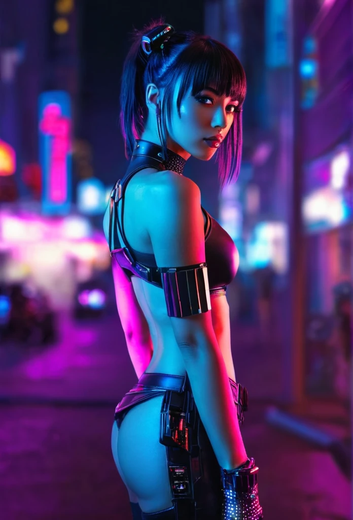 Cyberpunk girl with a bang, neon city in the background, bokeh effect, full body