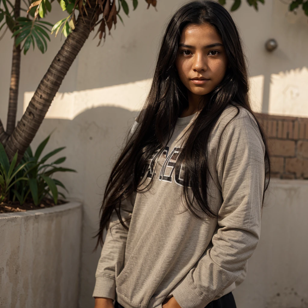 Peruvian ager with brown skin and long black hair , Brown eyes, With .
