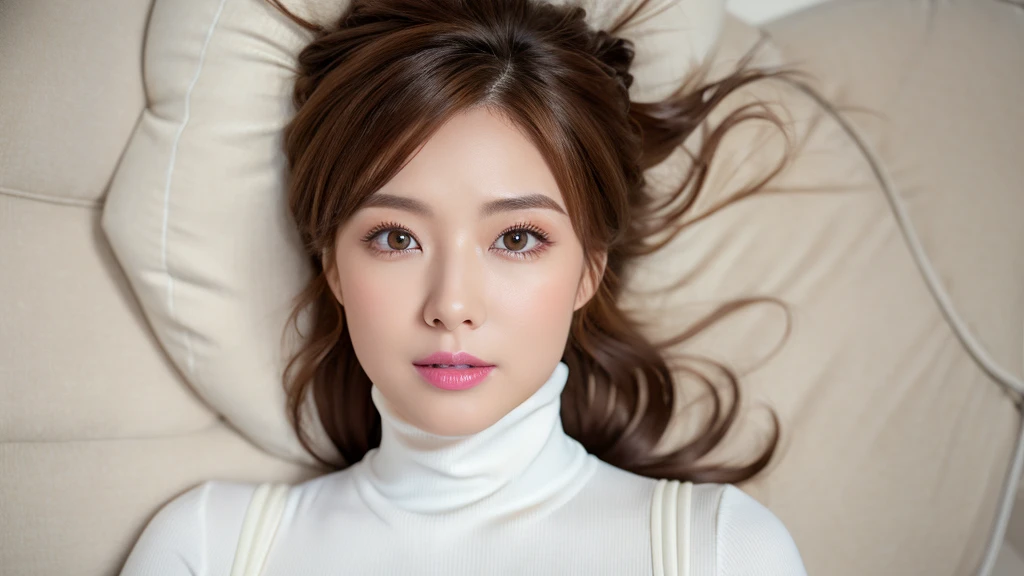 woman,(Detailed face),vivid,chest,cute,White silky turtleneck,4K,Ultra-high resolution,(Photorealistic:1.7),Long Hair,((White furniture)),