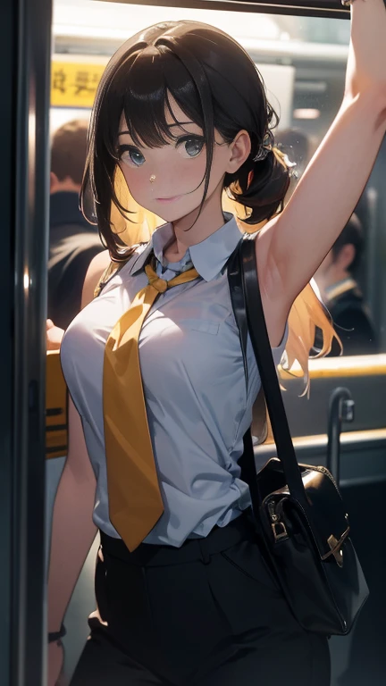 Best image quality, 8K, high quality, masterpiece:1.2), ((masterpiece)), (High detail, high quality, Best image quality), Bokeh, Depth of written boundary, Portraiture, Open Stance, (Cute illustrations:1.2), In a crowded subway train、A sleeveless female office worker holding onto the suspension leather of a train, Her armpits are completely visible, She is being watched by a middle-aged man who is unaware of her presence..