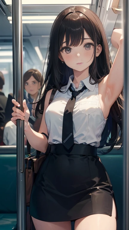 Best image quality, 8K, high quality, masterpiece:1.2), ((masterpiece)), (High detail, high quality, Best image quality), Bokeh, Depth of written boundary, Portraiture, Open Stance, (Cute illustrations:1.2), In a crowded subway train、A sleeveless female office worker holding onto the suspension leather of a train, Her armpits are completely visible, She is being watched by a middle-aged man who is unaware of her presence..