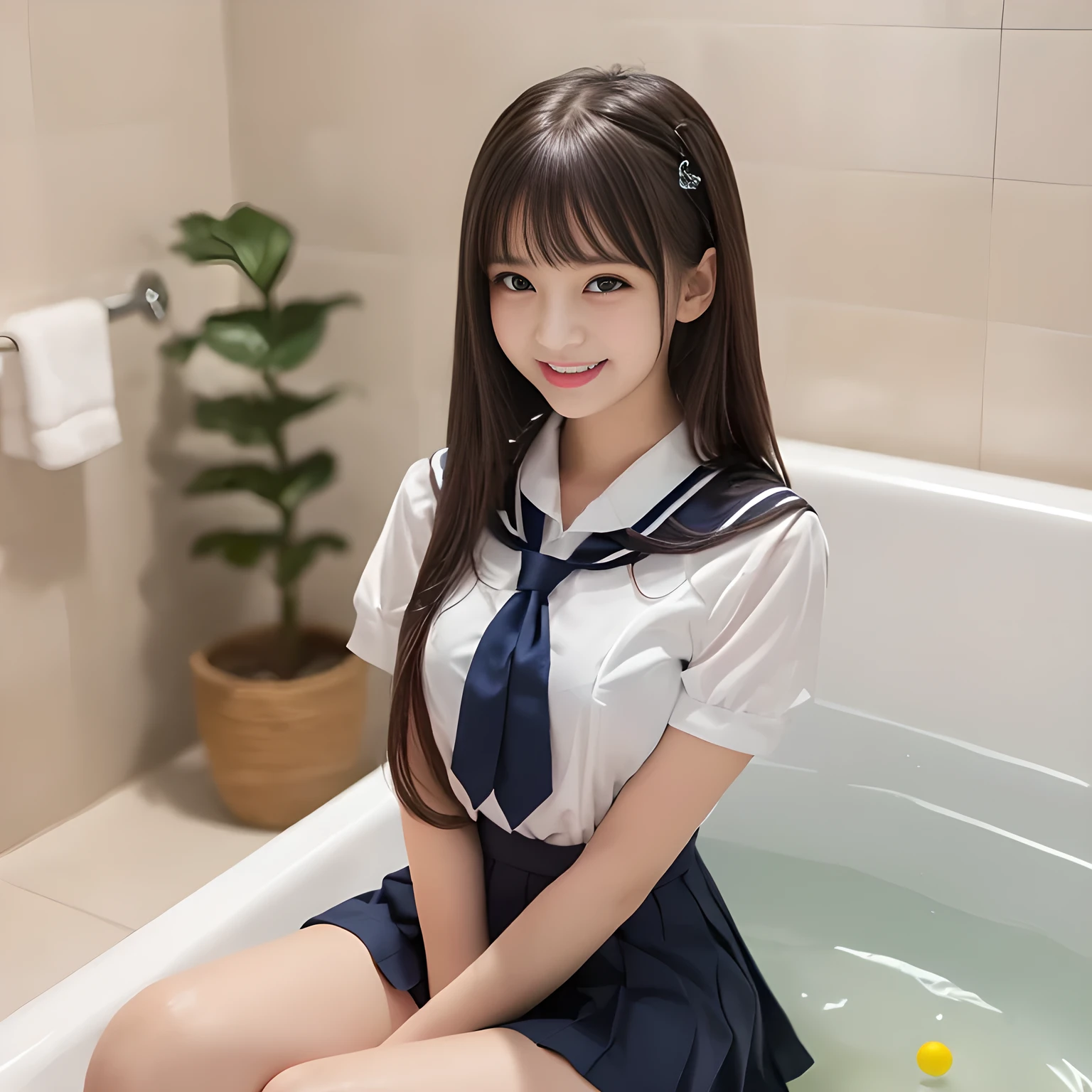 (highest quality, masterpiece:1.2), highest quality, High resolution, 1080P, 8K, Height: 158cm, ((A noble and intelligent girl like Japanese cute girly lady is hypnotizing and giggling, A very sweet, very noble, pretty and neat Japanese beautiful cute girl. Realistic very girly sweet cute evil girl like a princess is seated in a bath tab in a girly dark evil harem gorgeous pinky bath room with evil thought in a deep succubus nightmare)), ((((, popular Japanese fashion model)))), ((((White face with plump cheeks)))), Glossy lips, (Evenly cut bangs), ((Very beautifully laughing brown drooping gooey cute eyes)), ((straight black very very long straight hair)), Very lustrous, glossy lips, Open hand over open mouth, Beautiful hair like a hair model, Watching the viewer and laughing, ((Incredibly well organized, The expression is rich. plump and beautiful skin and face)), ((Pure and clear sweetly smiling eyes)), Long eyelashes, ((smiling at me)), Glossy Lips, ((noble and neat)), ((Like a succubus is fascinating with magic and giggling)), ((((A succubus is fascinating and calling to the deeper place forever)))), ((highly up-curved lips)), ((looking at the viewer directly)), white hands, ((Navy girls high school sailor uniform, Navy uniform sailor collar, Navy uniform pleated skirt, Navy school shirt, Blue string ribbon tie)), ((grasping wet evil pinky slime)), ((Full of pink evil heart Soap bubbles on the wall and floor)), (((many evil anime girl's art on the wall)))