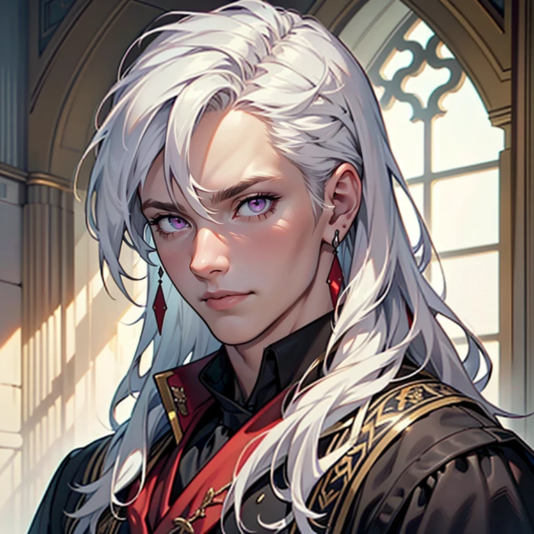 ((masterpiece)), (((best quality))), 1 male, pale white skin, white hair, long hair, straight hair, handsome man, detailed background of a red castle, purple eyes, earrings, realistic medieval clothing, detailed face, highest quality, highly detailed, original, high resolution CG Unit 8k wallpaper, (best quality, artwork, masterpiece, 4k)