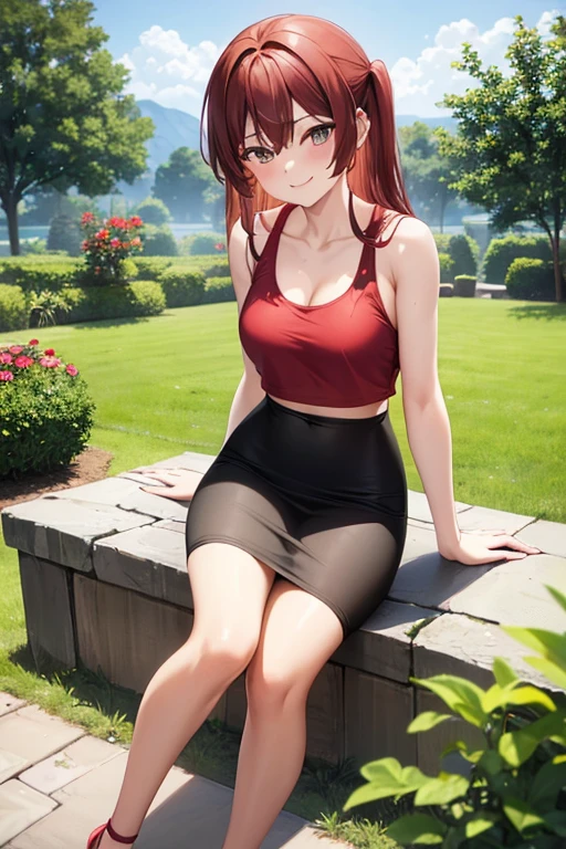 1girl, woman, red tank top, crop top, tight pencil skirt (black), long tight pencil skirt (ankle length), long brown hair, looking at viewer, full body, garden, smile, blush