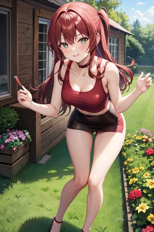 1girl, woman, red tank top, crop top, tight pencil skirt (black), long tight pencil skirt (ankle length), long brown hair, looking at viewer, full body, garden, smile, blush