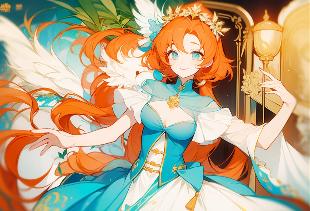 Half-length statue of a girl，Wearing a noble white shirt，Sweet smile，beautiful orange hair，using accessories，Beautiful cyan eyes，Draw the character's body below the chest