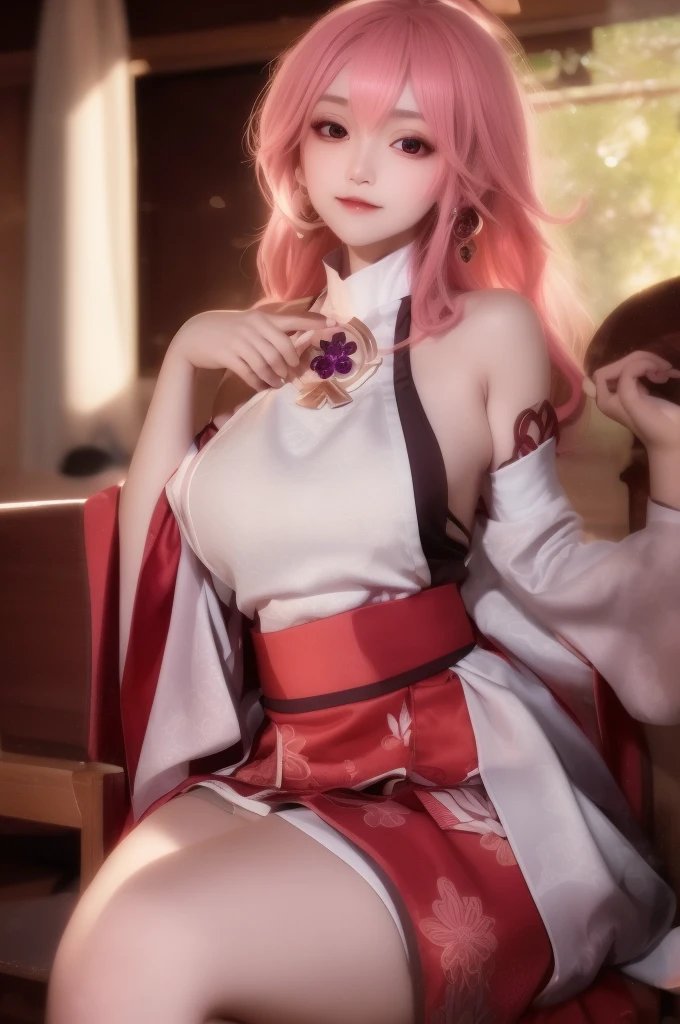 yae_miko, 1girl, bare_shoulders, breasts, detached_sleeves, jewelry, lips, long_hair, long_sleeves, looking_at_viewer, pink_hair, sash, sitting,  solo, wide_sleeves, 
Charming eyes, smile,
Sitting on the chair, sunlight, Autumn,
masterpiece, best quality, 
  RAW photo, 8k, 4k, (intricate details:1.0), (ultra detailed:1.0),  (depth of field:1.0), (blurry background:1.0), (classroom:1.1), (spotlight effect:1.0), (light from the front:1.0), (fair skin:1.0), (super detailed skin:1.0), (clear translucent skin:1.0), (perfect body:1.0), (skinny,:1.0), (curvy body:1.0), (face:1.0), (sensual:1.0),
 