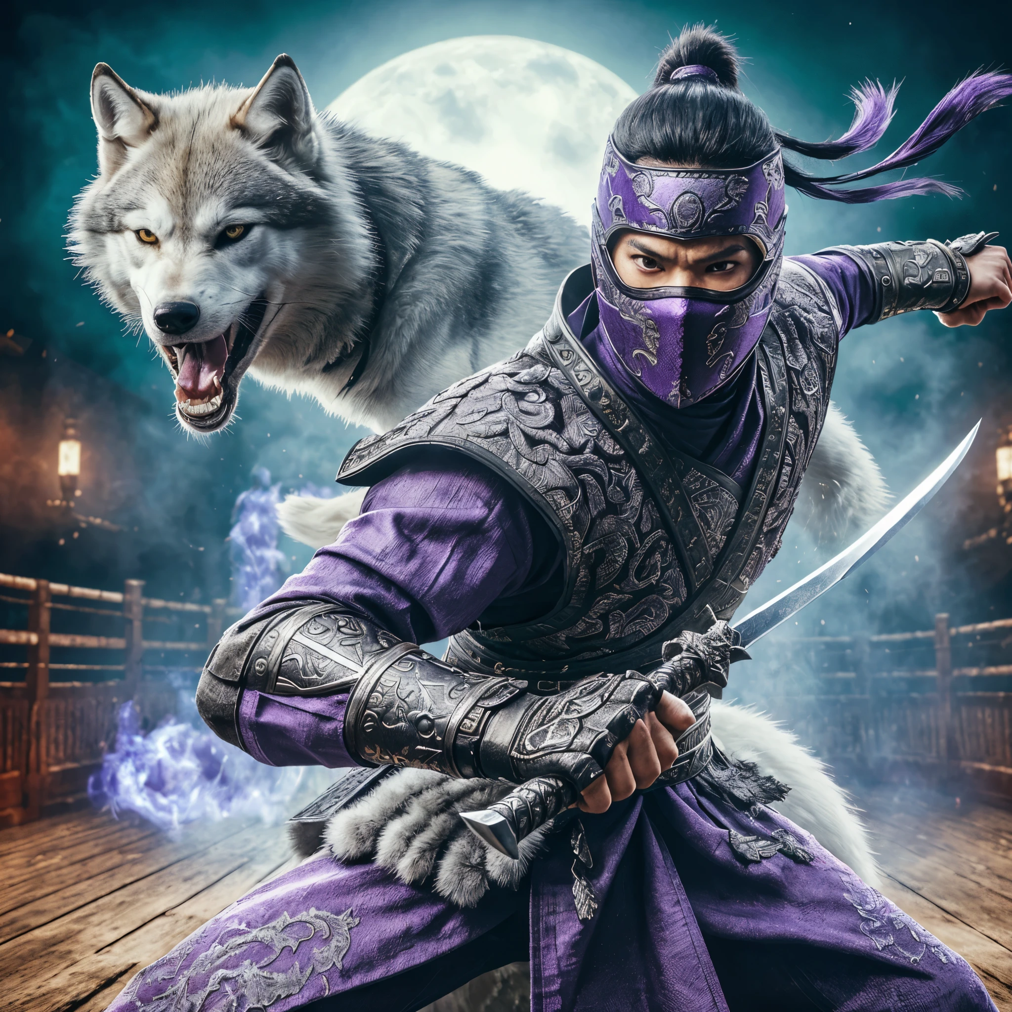 Realistic, masterpiece. a legendary warrior. He is captured in dynamic fighting poses, with intense expressions and a fighting arena in the background. Wears a purple ninja assassin outfit and matching brocade mask, wields a legendary large knife, ready for battle. The spirit of a white wolf is superimposed on it. It is a full body shot in 4k resolution.