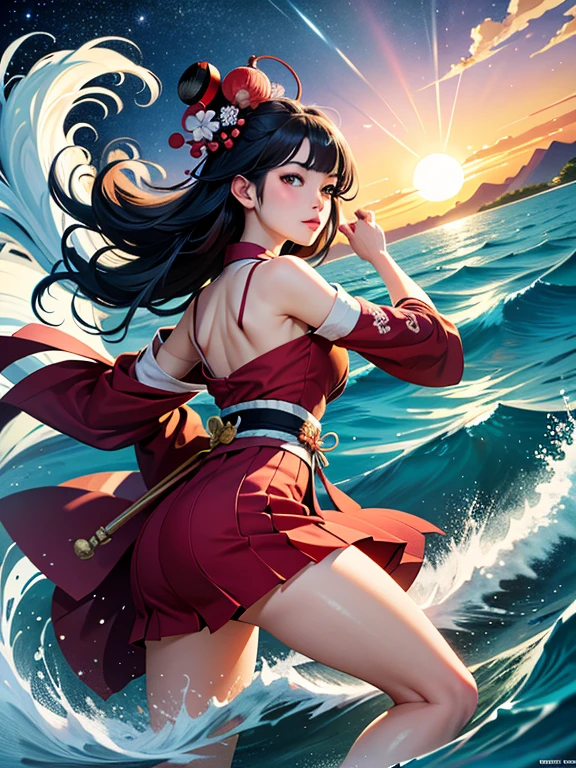 (Highest quality、masterpiece、High resolution、Official Art、8K)、Ukiyo-e、Katsushika Hokusai、Fuji Mountain、White waves of the sea、Boat、
