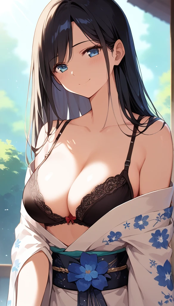 (score_9,score_8_up,score_7_up,score_6_up),masterpiece,best quality, source anime, rating_explicit, (((masterpiece))), (((best quality))), ((ultra-detailed)), ((illustration)), (1girl), (beautiful Japanese woman), (long black hair), (blue eyes), (simple background), (wearing traditional kimono), (detailed face), (perfect anatomy), (detailed light and shadow), (serene expression), (minimalist style),(cleavage:1.1),((shy smile)), (eyeshadow:0.8), digital collaring, (Sun glare;1.2), Bokeh, Depth of written boundary, Blurred Background, Particles of light, Strong winds, glossy skin, spotlight, wearing black bra, (iridescent light:1.4)、
, (cowboy shot:1.3)