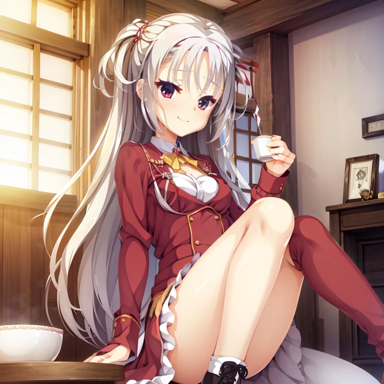 seductive, ((forehead to show)), attractive, sexy eyes, red coat, white hair, delicate, young, long hair, detailed face, high definition, full body, maid, embarrassed, cherry blossom