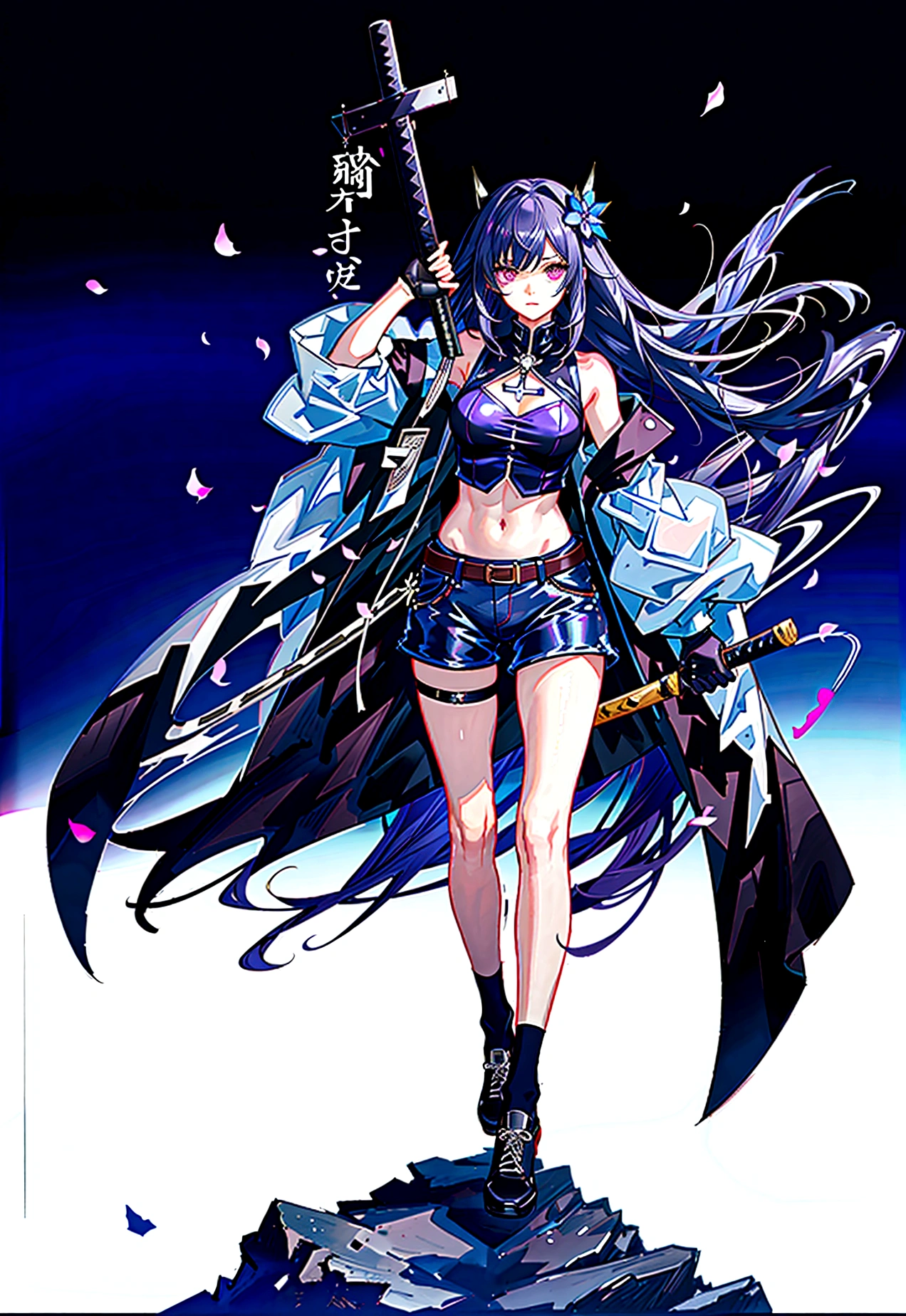 Anime girl with very long dark purple hair and a flower hair accessory wearing black short jeans with latex socks and a sport shoes wearing a cut shirt with no sleeves and half cut from below showing her belly with a black vest with short latex gloves purple glowing eyes holding katana in her hands her elemental power is purple thunder