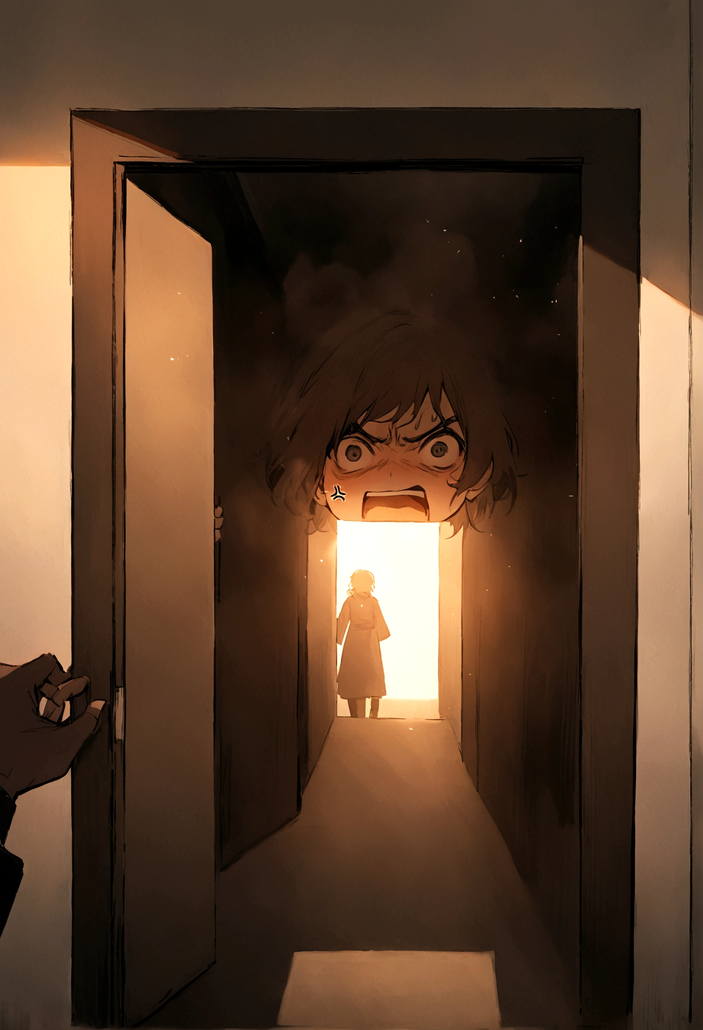 Anxiety entering the General Headquarters, with a hazy aura around, while Joy, suru, anger, Fear and Repulsion look on in surprise.