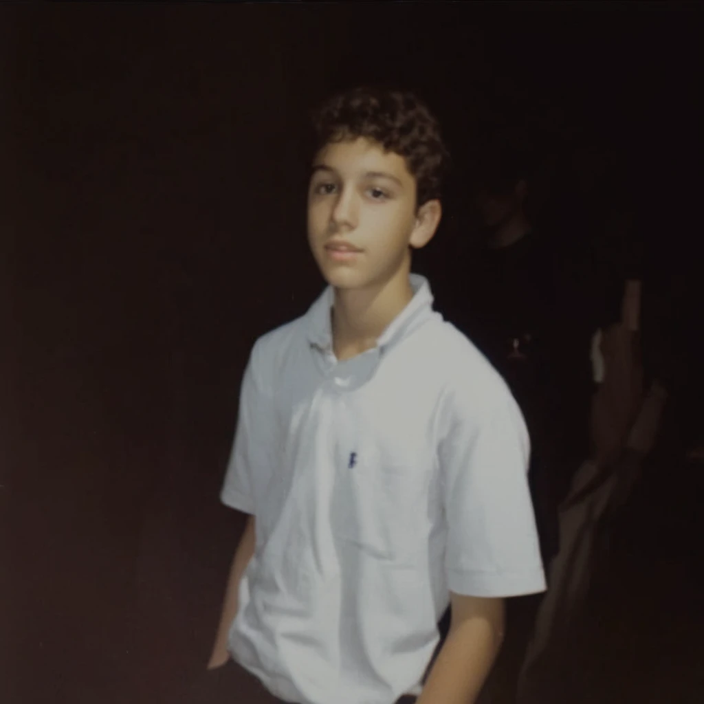 analog film photo, modern day photo of a young student, 14 years-old, male, brown-black hair, long curly hair, brown eyes, caucasian, round face, oval-shaped jawline, bulbous nose, full lips, thick eyebrows, soft features, stocky broad frame, chubby, resembles Gaten Matarazzo, (relaxed school uniform:1.1), silhouette, backlit, split lighting, half face in shadow, RAW Photograph, dslr, hard lighting, hard shadows, high quality, film grain, Fujifilm XT3, detailed skin with visible pores, insane details, masterpiece, 8k, 35mm photograph, dslr, kodachrome, faded film, desaturated, 35mm photo, grainy, vintage, Kodachrome, Lomography, stained, highly detailed, found footage, yearbook portrait, contemporary, 2024