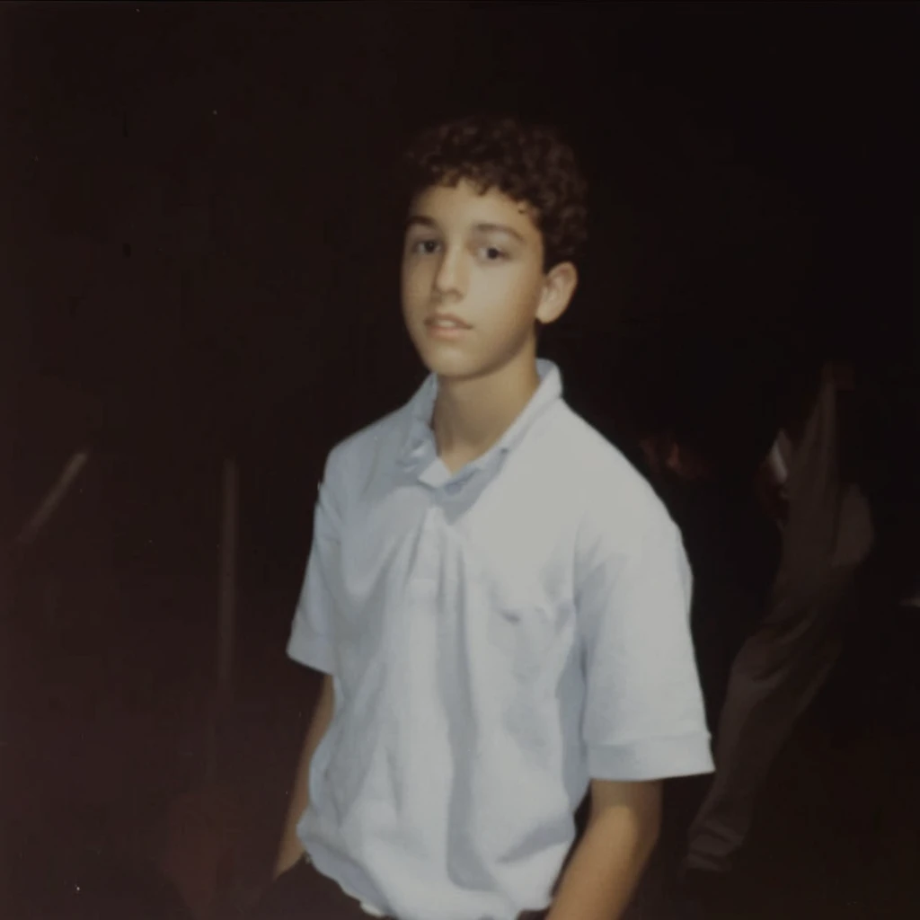 analog film photo, modern day photo of a young student, 14 years-old, male, brown-black hair, long curly hair, brown eyes, caucasian, round face, oval-shaped jawline, bulbous nose, full lips, thick eyebrows, soft features, stocky broad frame, chubby, resembles Gaten Matarazzo, (relaxed school uniform:1.1), silhouette, backlit, split lighting, half face in shadow, RAW Photograph, dslr, hard lighting, hard shadows, high quality, film grain, Fujifilm XT3, detailed skin with visible pores, insane details, masterpiece, 8k, 35mm photograph, dslr, kodachrome, faded film, desaturated, 35mm photo, grainy, vintage, Kodachrome, Lomography, stained, highly detailed, found footage, yearbook portrait, contemporary, 2024