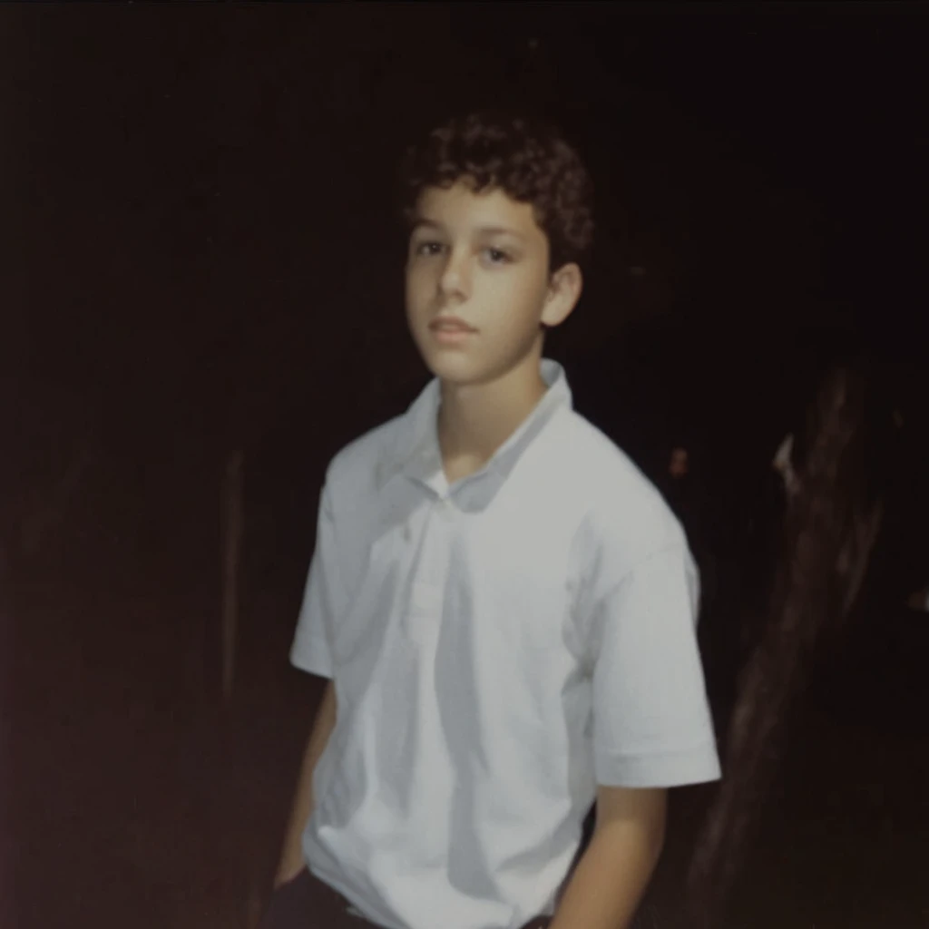 analog film photo, modern day photo of a young student, 14 years-old, male, brown-black hair, long curly hair, brown eyes, caucasian, round face, oval-shaped jawline, bulbous nose, full lips, thick eyebrows, soft features, stocky broad frame, chubby, resembles Gaten Matarazzo, (relaxed school uniform:1.1), silhouette, backlit, split lighting, half face in shadow, RAW Photograph, dslr, hard lighting, hard shadows, high quality, film grain, Fujifilm XT3, detailed skin with visible pores, insane details, masterpiece, 8k, 35mm photograph, dslr, kodachrome, faded film, desaturated, 35mm photo, grainy, vintage, Kodachrome, Lomography, stained, highly detailed, found footage, yearbook portrait, contemporary, 2024