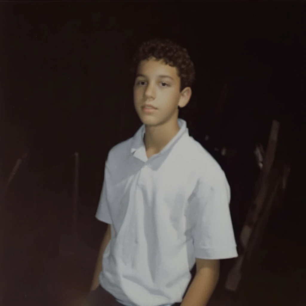 analog film photo, modern day photo of a young student, 14 years-old, male, brown-black hair, long curly hair, brown eyes, caucasian, round face, oval-shaped jawline, bulbous nose, full lips, thick eyebrows, soft features, stocky broad frame, chubby, resembles Gaten Matarazzo, (relaxed school uniform:1.1), silhouette, backlit, split lighting, half face in shadow, RAW Photograph, dslr, hard lighting, hard shadows, high quality, film grain, Fujifilm XT3, detailed skin with visible pores, insane details, masterpiece, 8k, 35mm photograph, dslr, kodachrome, faded film, desaturated, 35mm photo, grainy, vintage, Kodachrome, Lomography, stained, highly detailed, found footage, yearbook portrait, contemporary, 2024