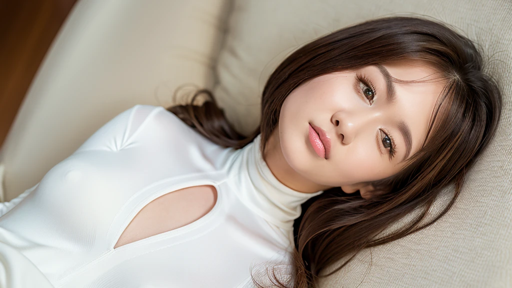 woman,(Detailed face),vivid,chest,cute,White silky turtleneck,4K,Ultra-high resolution,(Photorealistic:1.7),Long Hair,(White furniture),