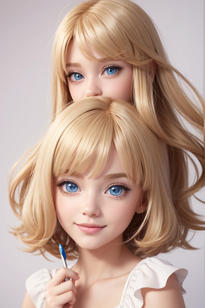 Create Disney Pixar style image, cute, charachter , hair blonde, eyes browns, medium hair, holding scissors and ruler, wearing dress, face with joy, White background, 3d rendering.
