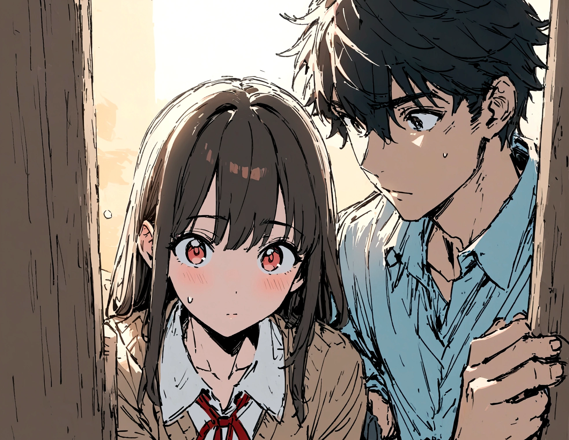 masterpiece,最high quality,Super detailed,High resolution backgrounds,8K,High Resolution,high quality,break,school uniform,men and women,Couple, Japanese manga style, sketch, Colored pencil.