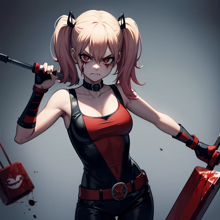 Harley quinn, angry face, holding a hammer with blood, inside a dark room