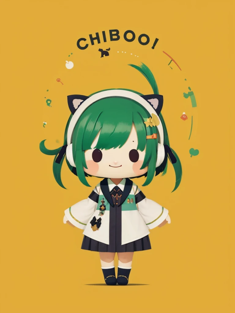 masterpiece, top-quality, chibi, Beautiful feet、full body Esbian, Running, Waving hands, 1girl in,Color 0n icon、ik1、Full body depiction, 1girl in、Jade-colored jacket、cartoon bone、chibi:1,chibikyara, Green Hair Anime Girl, Black cat ears, cowboy shot, , ribbon-trimmed sleeves, Ribbon trim, side locks, A smile, solo, Wide sleeves, dynamicposes, chibi, full body Esbian, white backgrounid, solidbackground, simple background,