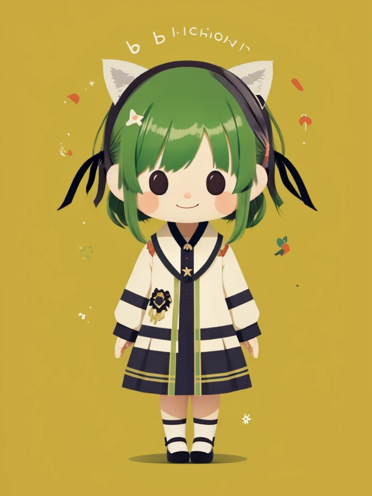 masterpiece, top-quality, chibi, Beautiful feet、full body Esbian, Running, Waving hands, 1girl in,Color 0n icon、ik1、Full body depiction, 1girl in、Jade-colored jacket、cartoon bone、chibi:1,chibikyara, Green Hair Anime Girl, Black cat ears, cowboy shot, , ribbon-trimmed sleeves, Ribbon trim, side locks, A smile, solo, Wide sleeves, dynamicposes, chibi, full body Esbian, white backgrounid, solidbackground, simple background,