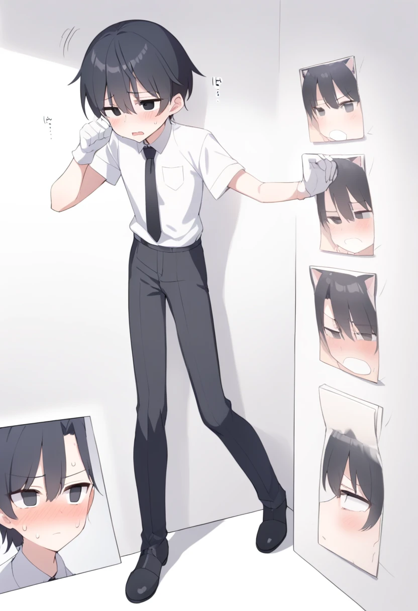 18-year-old boy,cute,Wear a white short-sleeved shirt and a black work tie,Wear black pants,Wear black booties,Wear white gloves,wear cat ear,Black hair,Black eyes,Handsome,Disdainful and cold expression,shy,blush,Sweating,pornography,Pornographic action,wheezing