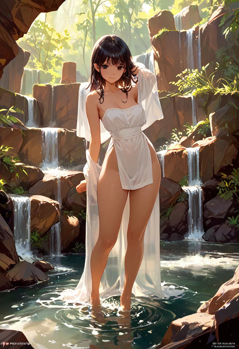 Girl, smiling, black hair, black eyes, bathing, standing on a watery and rocky floor, D size chest, thick hips, thin waist