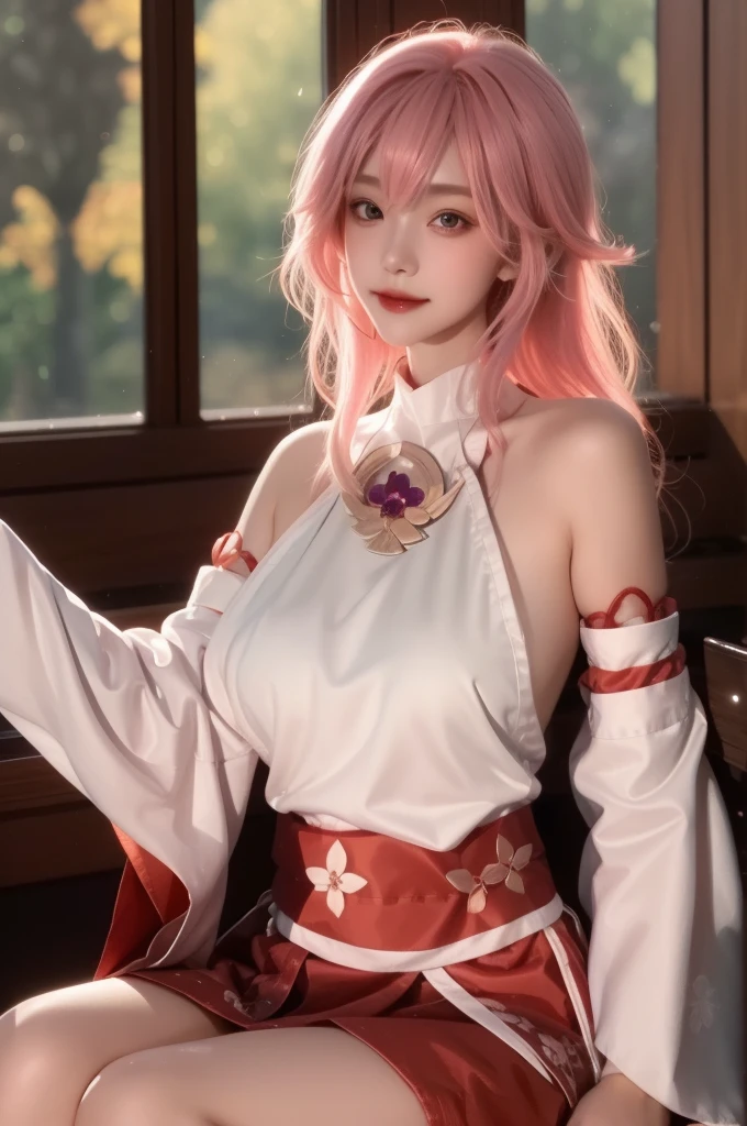 yae_miko, 1girl, bare_shoulders, breasts, detached_sleeves, jewelry, lips, long_hair, long_sleeves, looking_at_viewer, pink_hair, sash, sitting,  solo, wide_sleeves, 
Charming eyes, smile,
Sitting on the chair, sunlight, Autumn,
masterpiece, best quality, 
  RAW photo, 8k, 4k, (intricate details:1.0), (ultra detailed:1.0),  (depth of field:1.0), (blurry background:1.0), (classroom:1.1), (spotlight effect:1.0), (light from the front:1.0), (fair skin:1.0), (super detailed skin:1.0), (clear translucent skin:1.0), (perfect body:1.0), (skinny,:1.0), (curvy body:1.0), (face:1.0), (sensual:1.0),
 